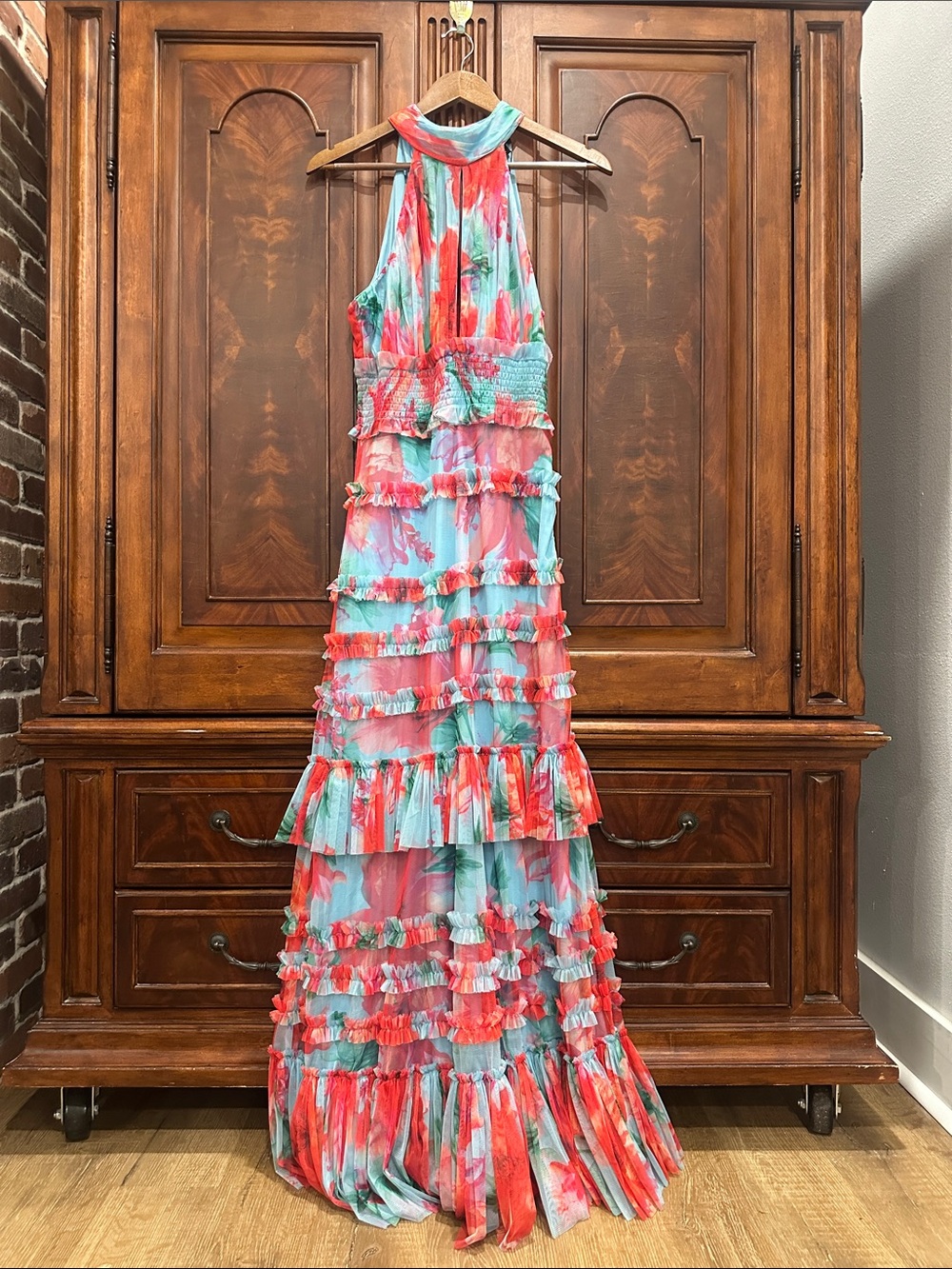 Karen Millen Coral and Aqua Ruffle Tiered Halter Maxi Dress